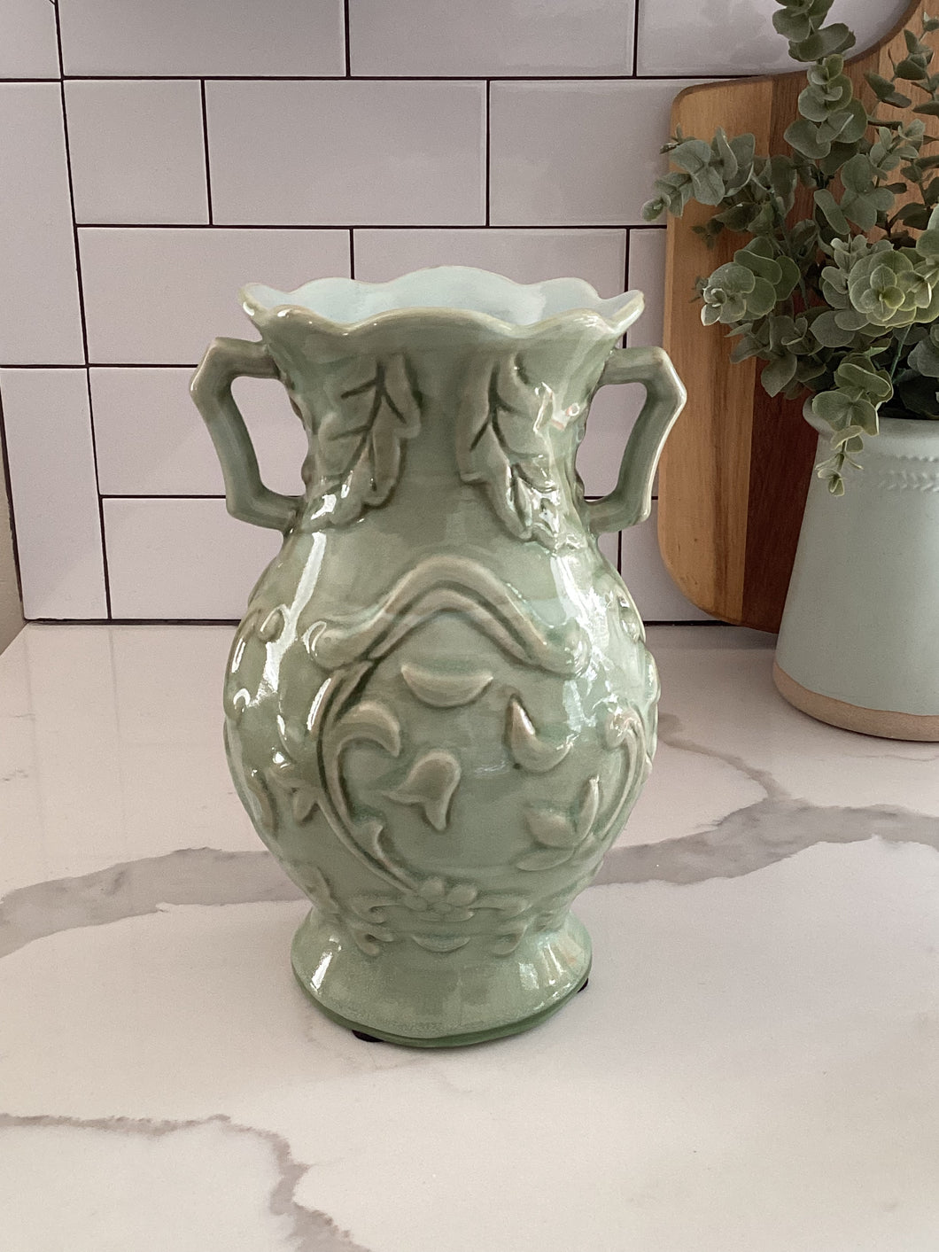 Large Green Vase (urn) w/ Embossed Flowers